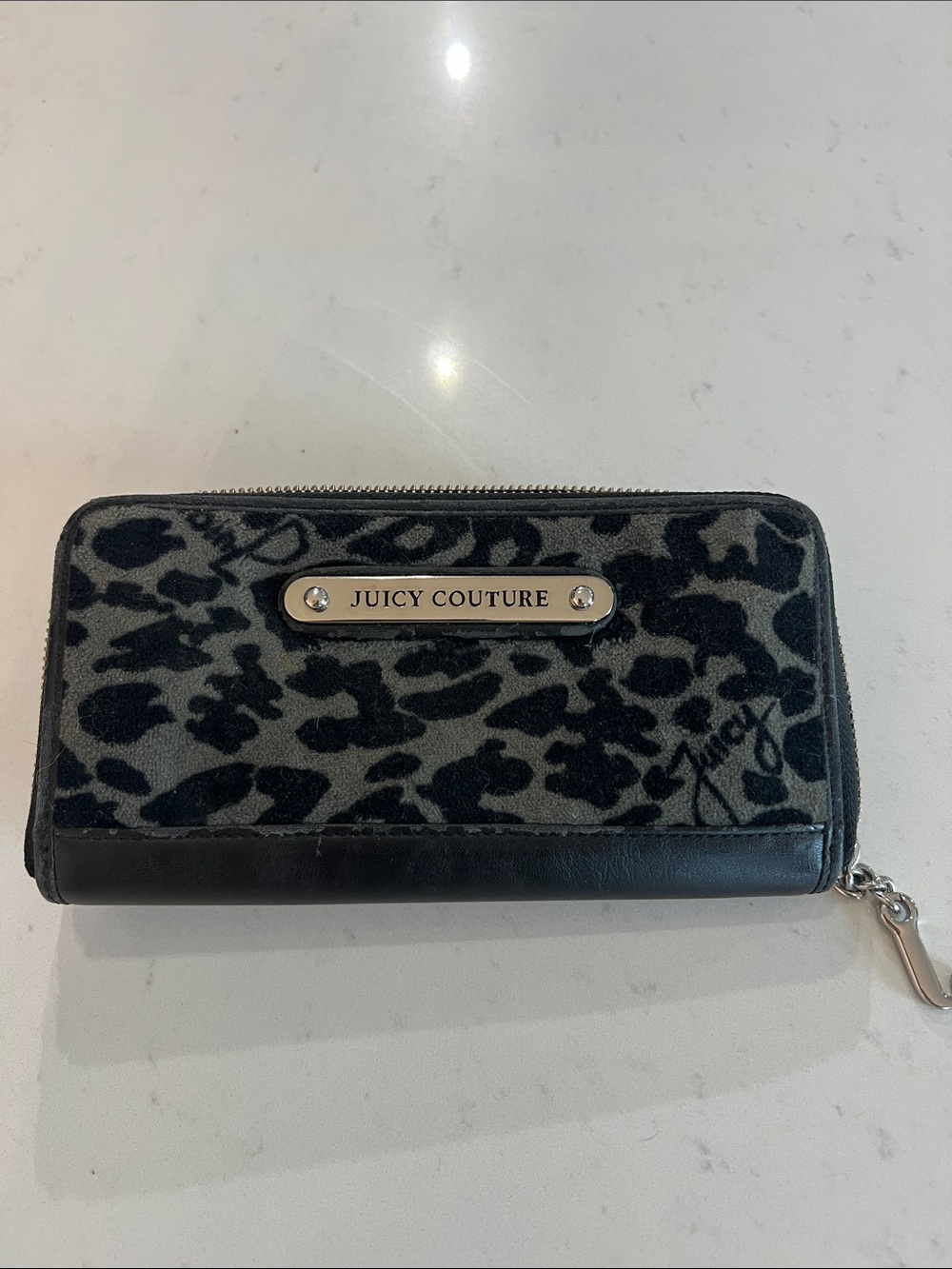 Juicy Couture Black and Gray Leopard Zip-Around Wallet